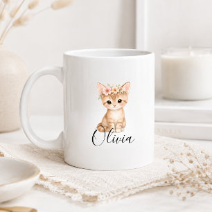 Caneca De Café Kit de Floral Personalizado com Nome de Gatinho