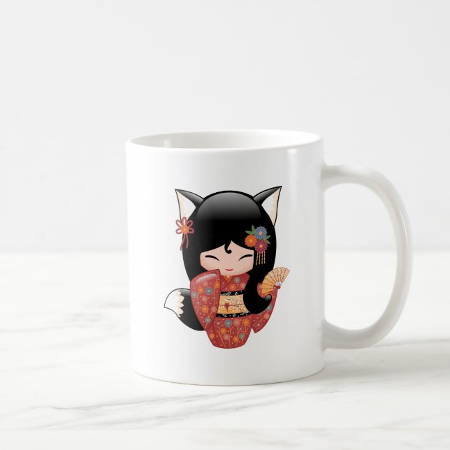 Caneca De Café Kitsune Kokeshi Doll - Black Fox Girl Coffee Mug (Direita)