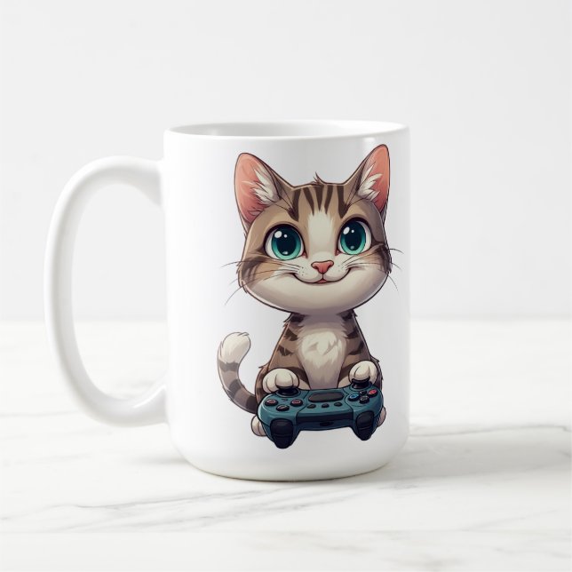 Caneca De Café Kitten Holding Game Controller Smiling Gamer Cat (Esquerda)