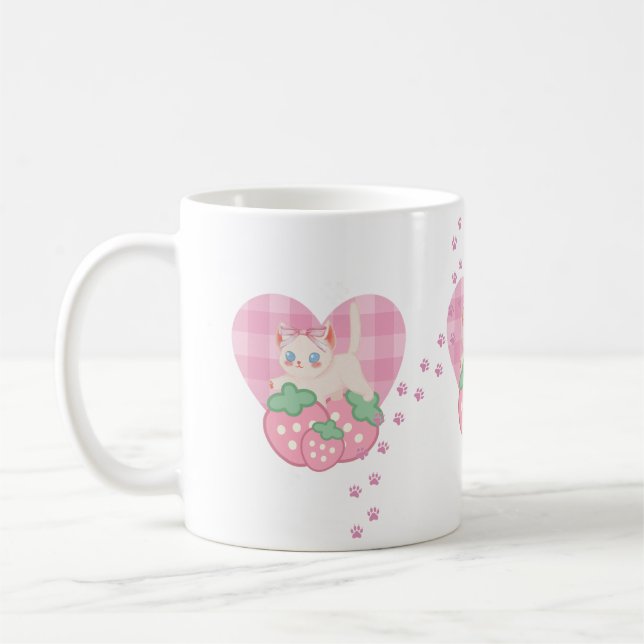 Caneca de Café Kitty Fofa & Morango Coração Rosa - (Esquerda)