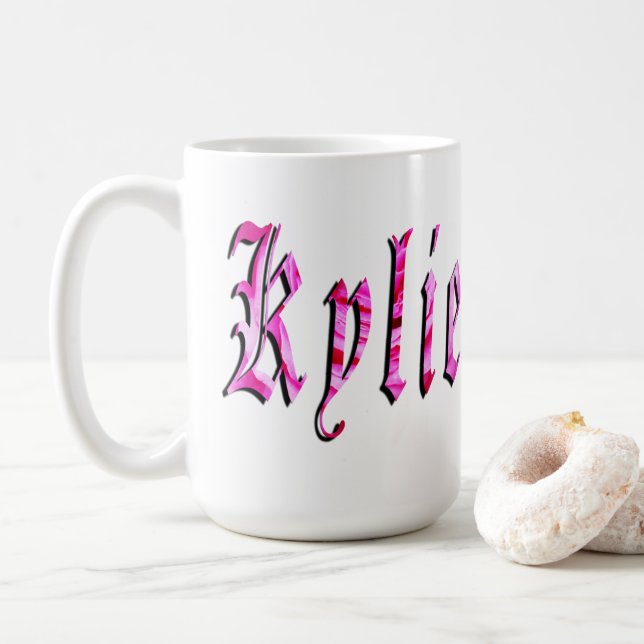 Caneca De Café "Kylie" Floral Rosa Nome Kylie, (Com Donut)