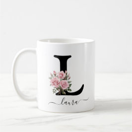 Caneca De Café L Monograma Inicial Flor Floral Rosa Rosas Rosa Mu