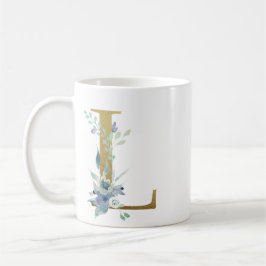 Caneca De Café L ouro inicial com folhagem floral azul
