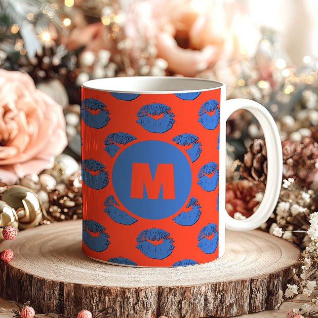 Caneca De Café Lábios Beijando XOXO Laranja e Azul Personalizado (Criador carregado)