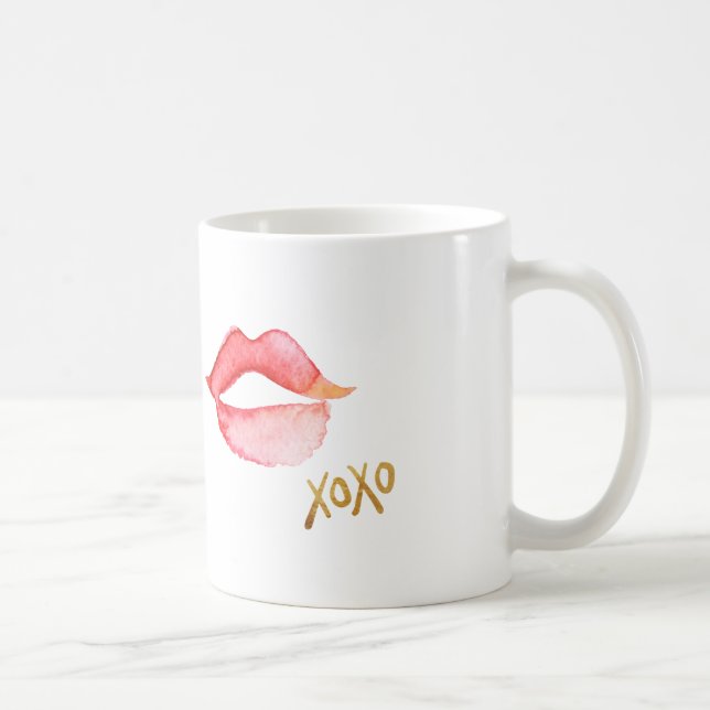 Caneca De Café Lábios da aguarela & folha Dourado XOXO (Direita)