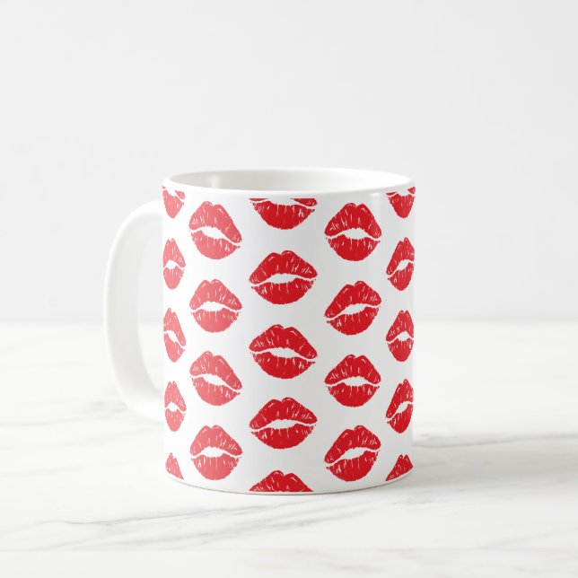 Caneca De Café Lábios Vermelhos, Batom Vermelho, Beijo, Padrão De (Frente Esquerda)