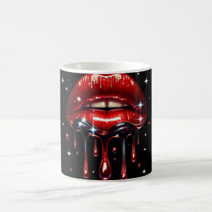 Caneca De Café Lábios Vermelhos Gotejando Brilho Glamour Cintilan