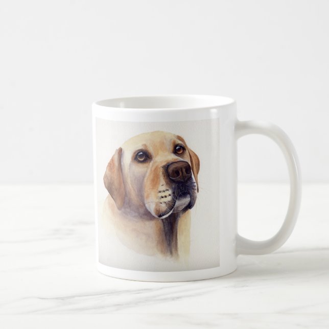 Caneca De Café Labrador amarelo com texto de informação da raça (Direita)