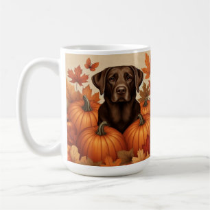 Caneca De Café Labrador Chocolate no Outono com Abóboras