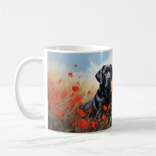 Caneca De Café Labrador negro em um campo de papoilas vermelhas
