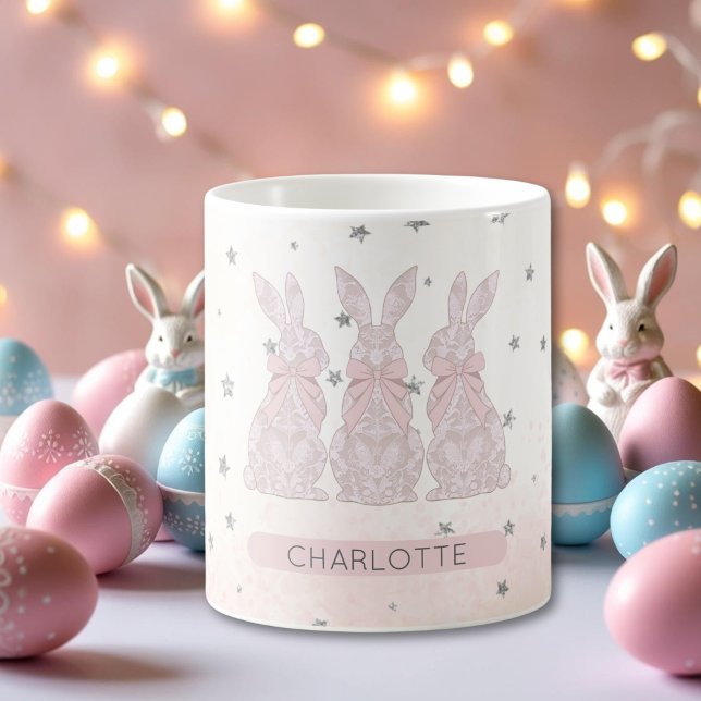 Caneca De Café Lace Bunny Páscoa Mug Personalizado (Personalized Lace Bunny Easter Mug)
