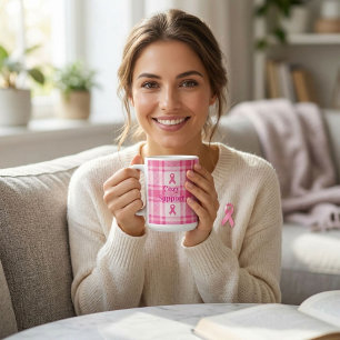 Caneca De Café Laço de Conscientização do Câncer de Mama Xadrez R