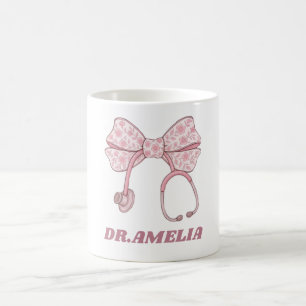 Caneca De Café Laço Floral Rosa Stethoscope Nome do Médico Design