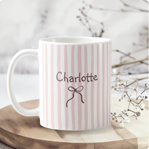 Caneca De Café Laço Listrado Fofo Coquette Nome Personalizado