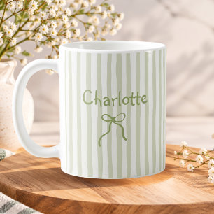 Caneca De Café Laço Listrado Verde Salvia Coquette Nome Personali