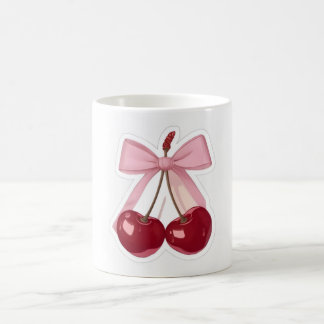 Caneca De Café Laço Rosa Coquete e Cereja Vermelha Café Estético