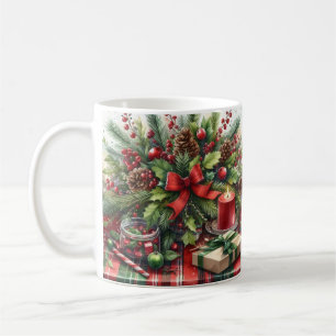 Caneca De Café Laço Vermelho Festivo de Natal com Verdura