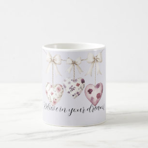 Caneca De Café Laços Creme Corações Florais Rosa Lavanda Roxo