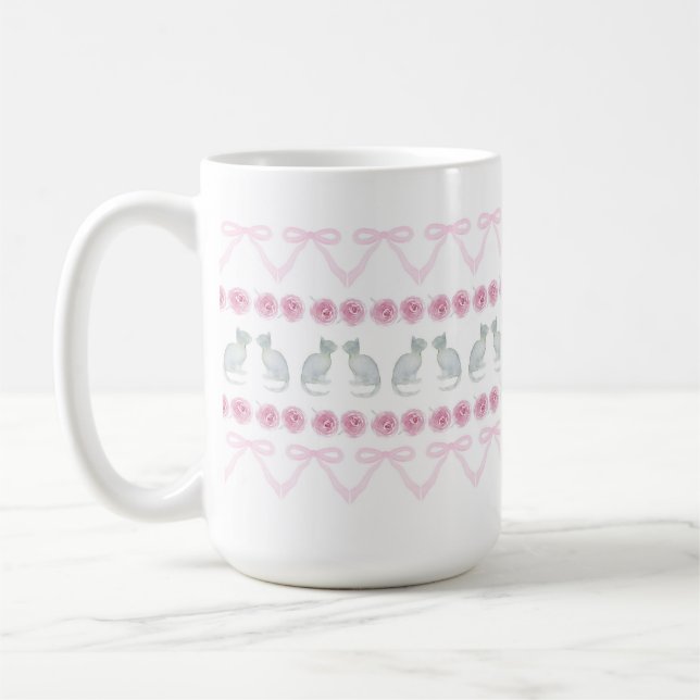 Caneca De Café Laços Rosa e Gatinhos Cinzentos (Esquerda)