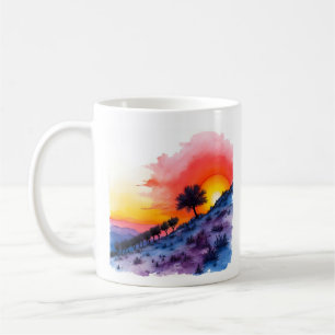 Caneca De Café Lado do Sunset Vibrante com Aquarela de Árvore Sol