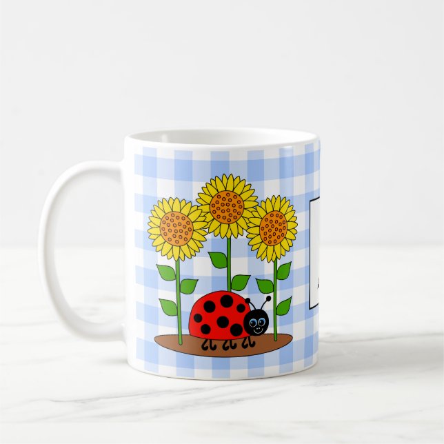 Caneca De Café Ladybug com Sunflower Blue Gingham Monograma (Esquerda)