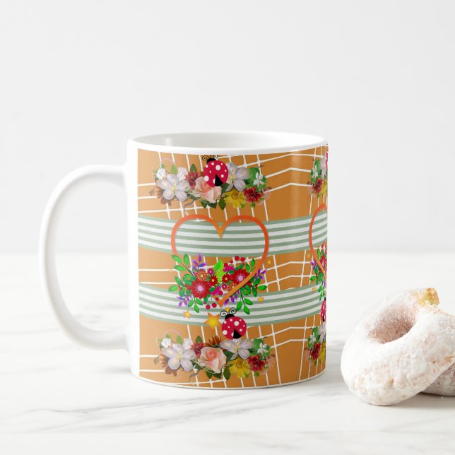 Caneca De Café Ladybug Orange Heart Floral Mug (Com Donut)