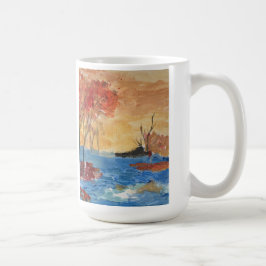Caneca De Café 'Lago e árvore em amarelo' Arte acrílica em Canvas