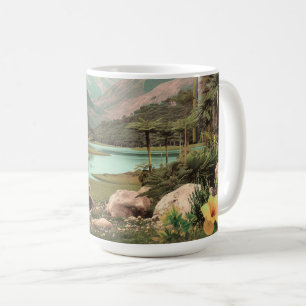 Caneca De Café Lago Tropical Surrealista Com Palmeiras