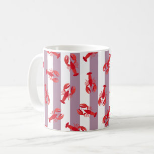 Caneca De Café Lagostas Vermelhas Ilustradas em Listras Cinza-Ros