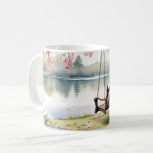 Caneca De Café Lakeside Swing em Jardim Romântico de Aquarela