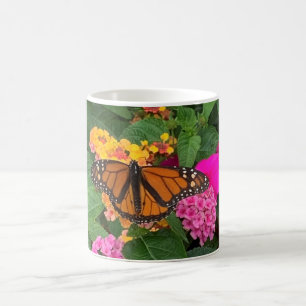 Caneca De Café Lantana Verde Amarelo rosa com borboleta  
