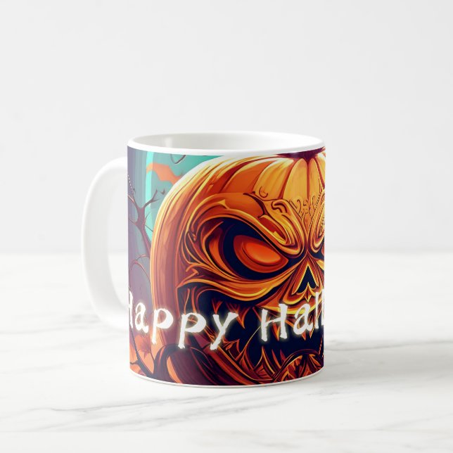 Caneca De Café Laranja Abóbora Assustadora com Rosto, Halloween  (Frente Esquerda)