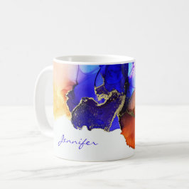 Caneca De Café Laranja Azul Dourado Abstrato Tinta Álcool Nomeado