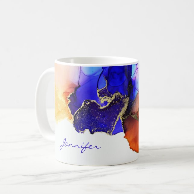 Caneca De Café Laranja Azul Dourado Abstrato Tinta Álcool Nomeado (Frente Esquerda)