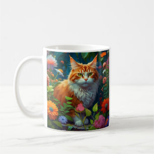 Caneca De Café Laranja-branca e Gato Branco sentados em Flores