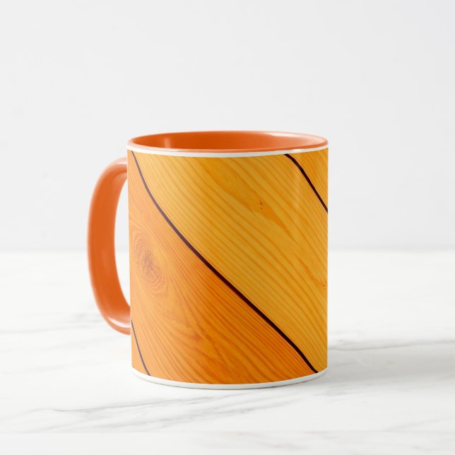 Caneca de café laranja com padrão de madeira (Frente Esquerda)