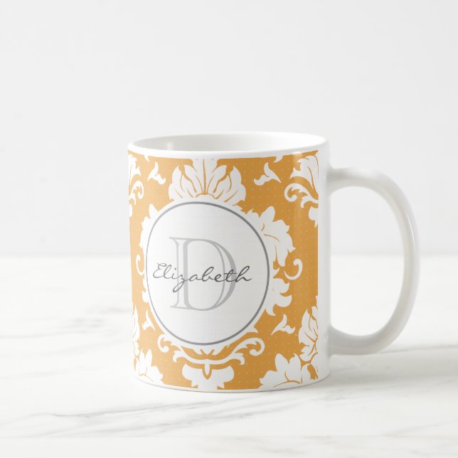 Caneca De Café Laranja Damask Monogrammed Mug (Direita)
