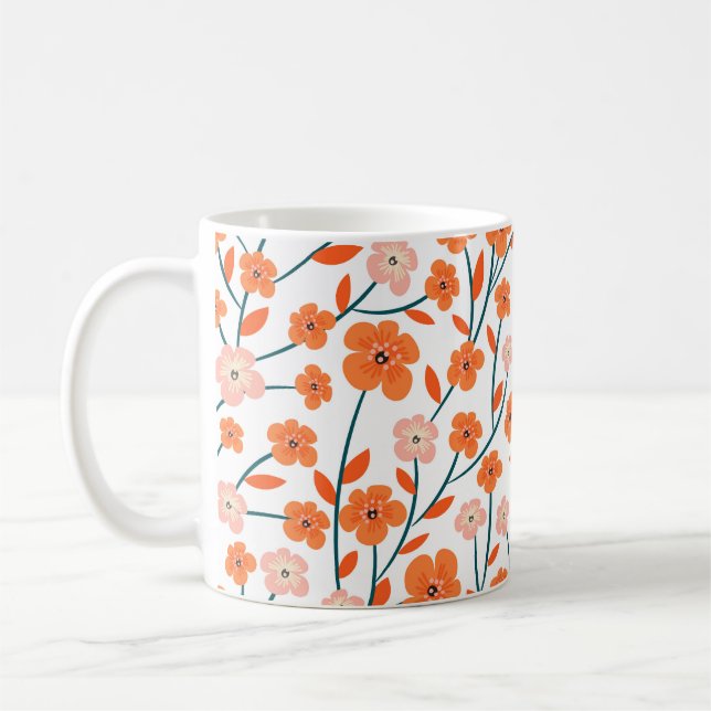 Caneca De Café Laranja Floral Pastel Branco Sem Costura (Esquerda)
