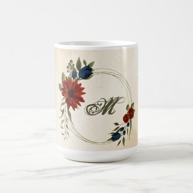 Caneca De Café laranja queimada & flores de azul-marinho folhagem (Centro)