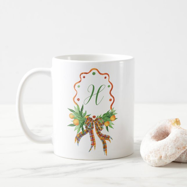 Caneca De Café Laranjas Aquarelas Xadrez Arco Monograma de Natal (Com Donut)