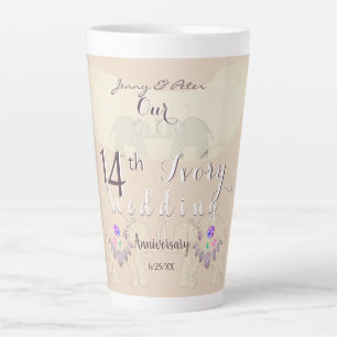 Caneca De Café Latte 14º Aniversário de Casamento de Marfim Elefantes &