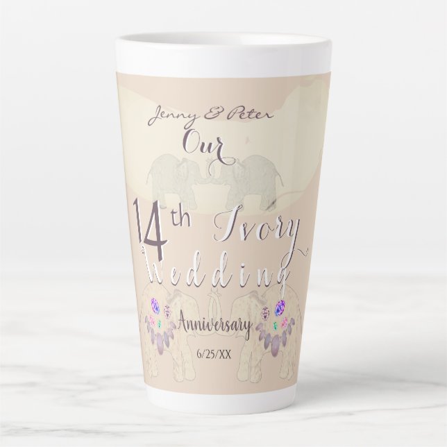 Caneca De Café Latte 14th Ivory Wedding Anniversary Elephants & Opals   (Frente)