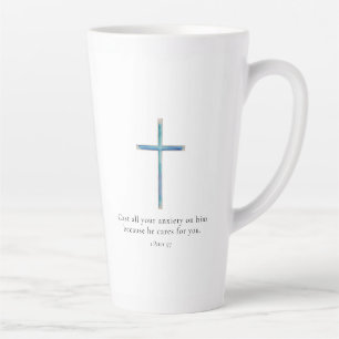 Caneca De Café Latte 1 Peter 5:7 Cruz Minimalista