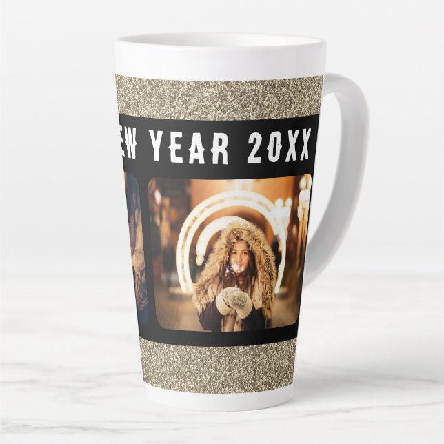 Caneca De Café Latte 2 Feliz ano novo Dourado de Colagem de Fotos 2023 (Ângulo direito)