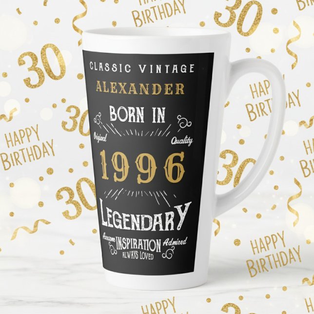Caneca De Café Latte 30th Birthday 1996 Legendary Retro (1996 latte mug on a white and gold background)