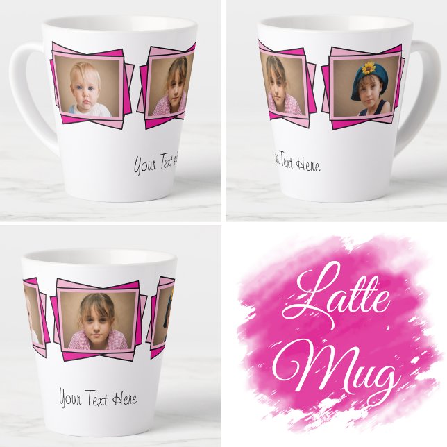 Caneca De Café Latte 3 foto adicione seu texto rosa (Criador carregado)