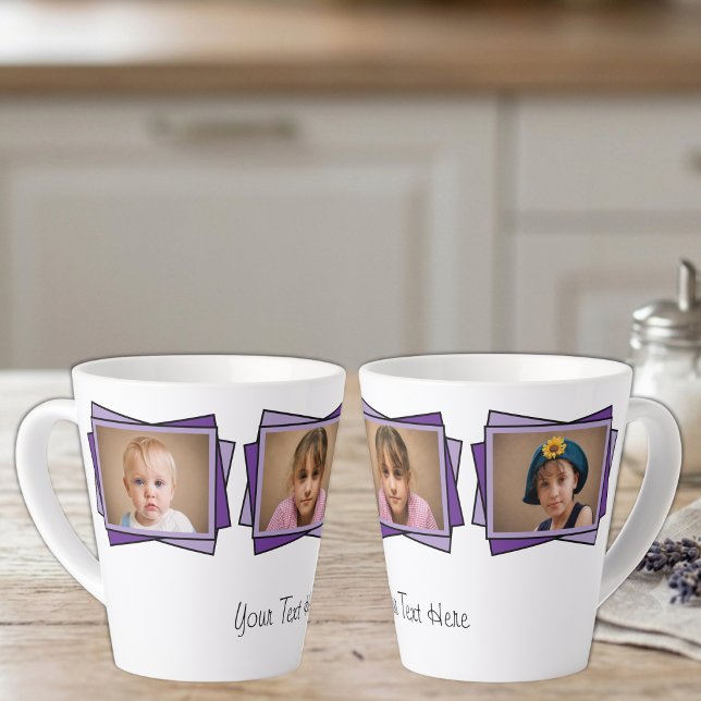 Caneca De Café Latte 3 fotos adicione seu texto roxo (Criador carregado)