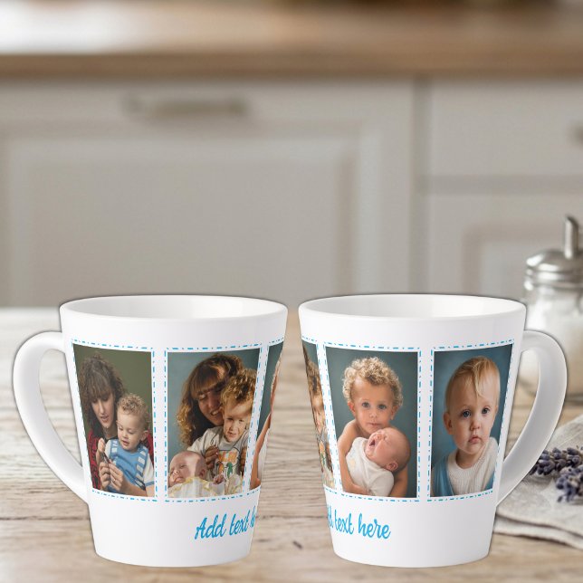 Caneca De Café Latte 4 fotos adicionar texto branco azul (Criador carregado)