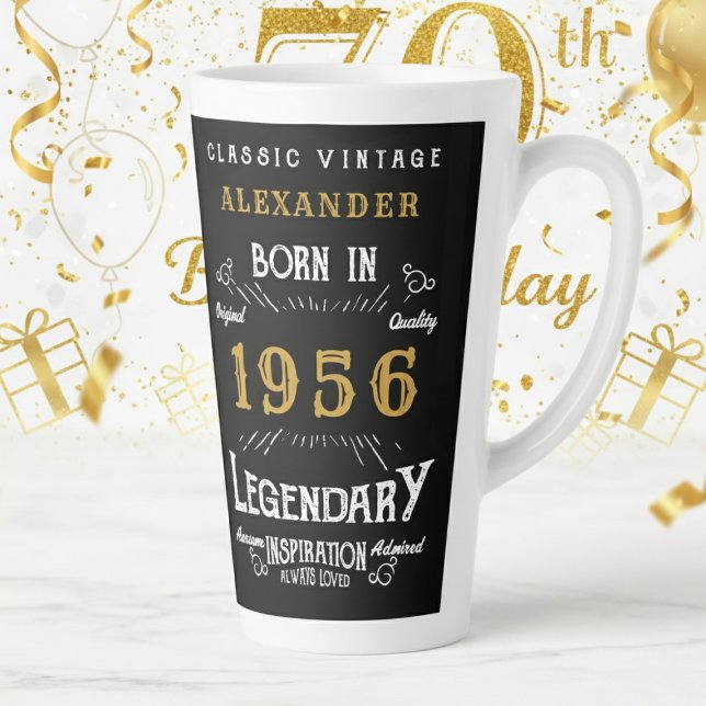 Caneca De Café Latte 70th Birthday 1956 Legendary Retro (1956 latte mug on a white and gold background)