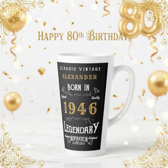 Caneca De Café Latte 80th Birthday 1946 Legendary Retro (1946 latte mug on a white and gold background.)